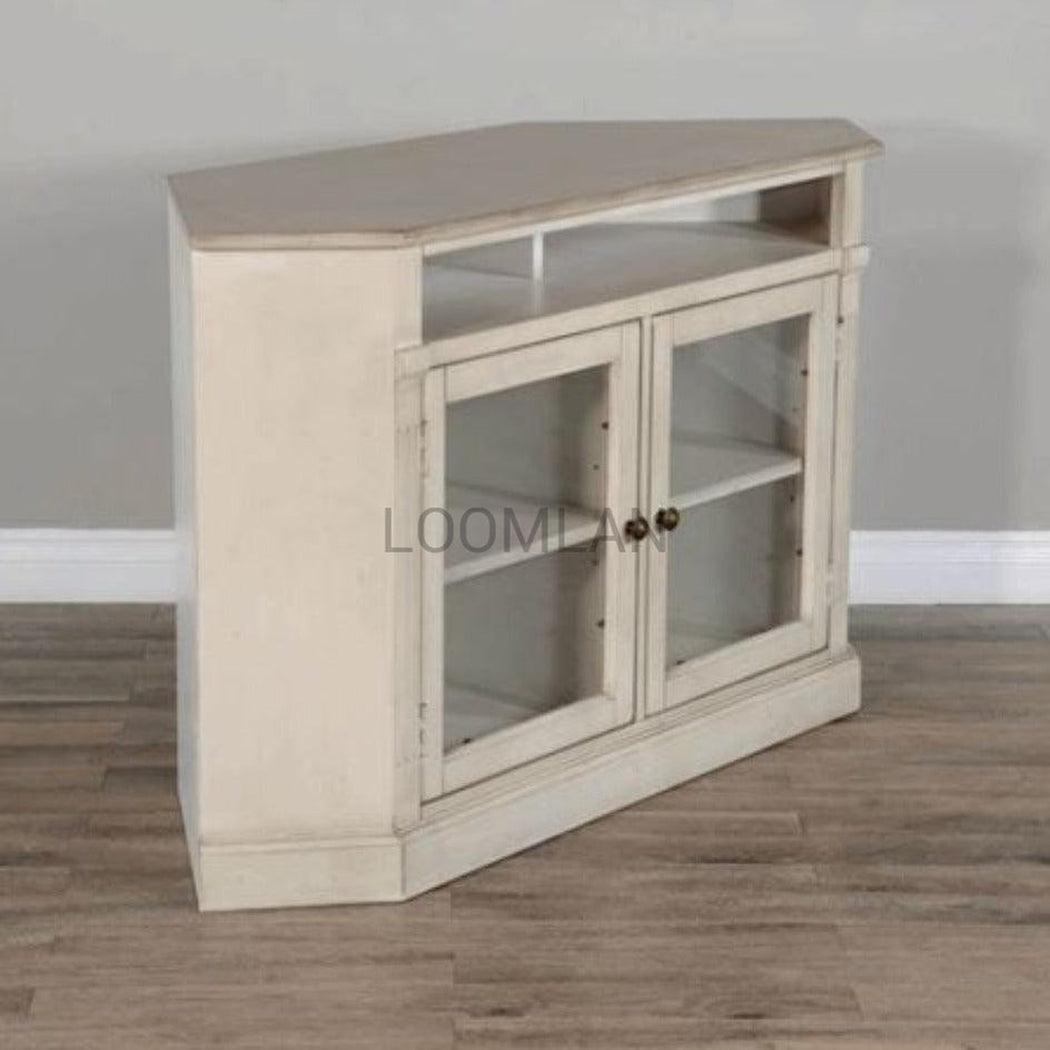 55" Wide Off White Wood Corner TV Stand Media Console With Glass Doors TV Stands & Media Centers Sideboards and Things By Sunny D