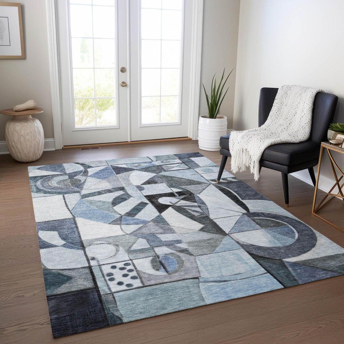 Jaelius Blue Washable Indoor-Outdoor Rug -- blue