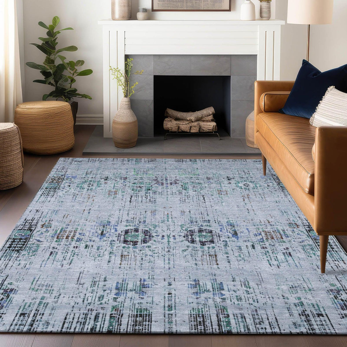 Haelon Blue Washable Indoor-Outdoor Rug