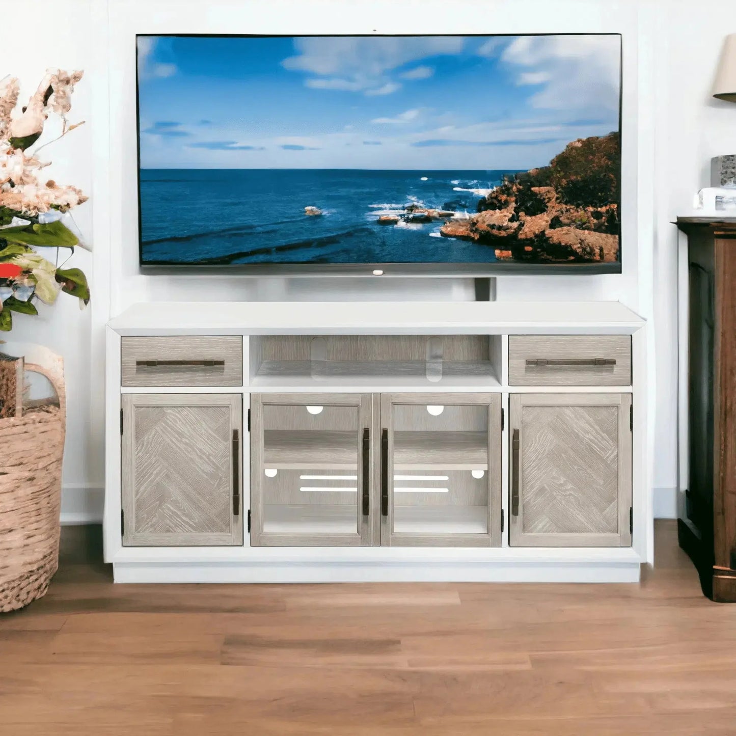 60" Boca Two Tone Wood TV Stand With Glass Doors TV Stands & Media Centers LOOMLAN By Panama Jack