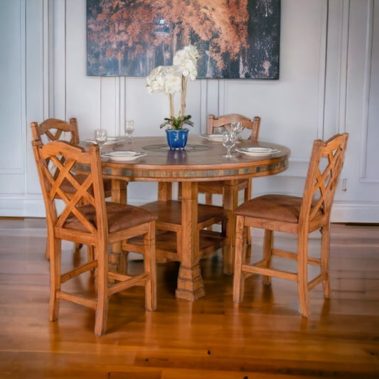 60" Natural Round Dining Table Set With 4 Barstools And Lazy Susan-Dining Table Sets-Sunny D-Sideboards and Things