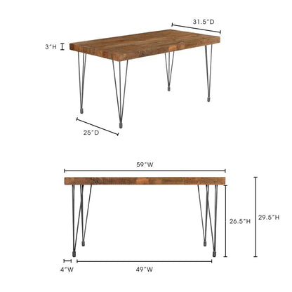 60" Reclaimed Wood Dining Table Top Iron Base Industrial Style Dining Tables LOOMLAN By Moe's Home