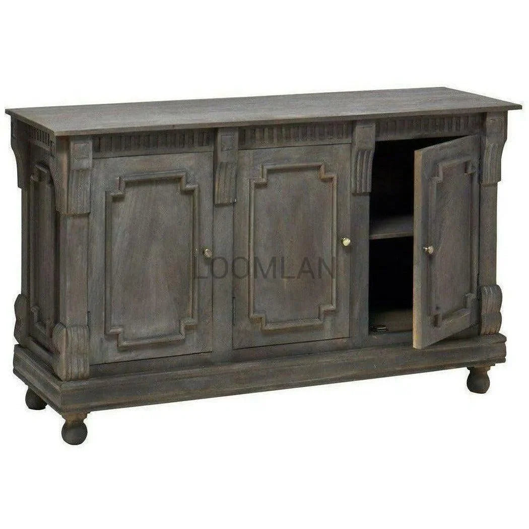 60" Solid Wood Dining Room 3 Door Sideboard Distressed Gray Sideboards LOOMLAN By LOOMLAN