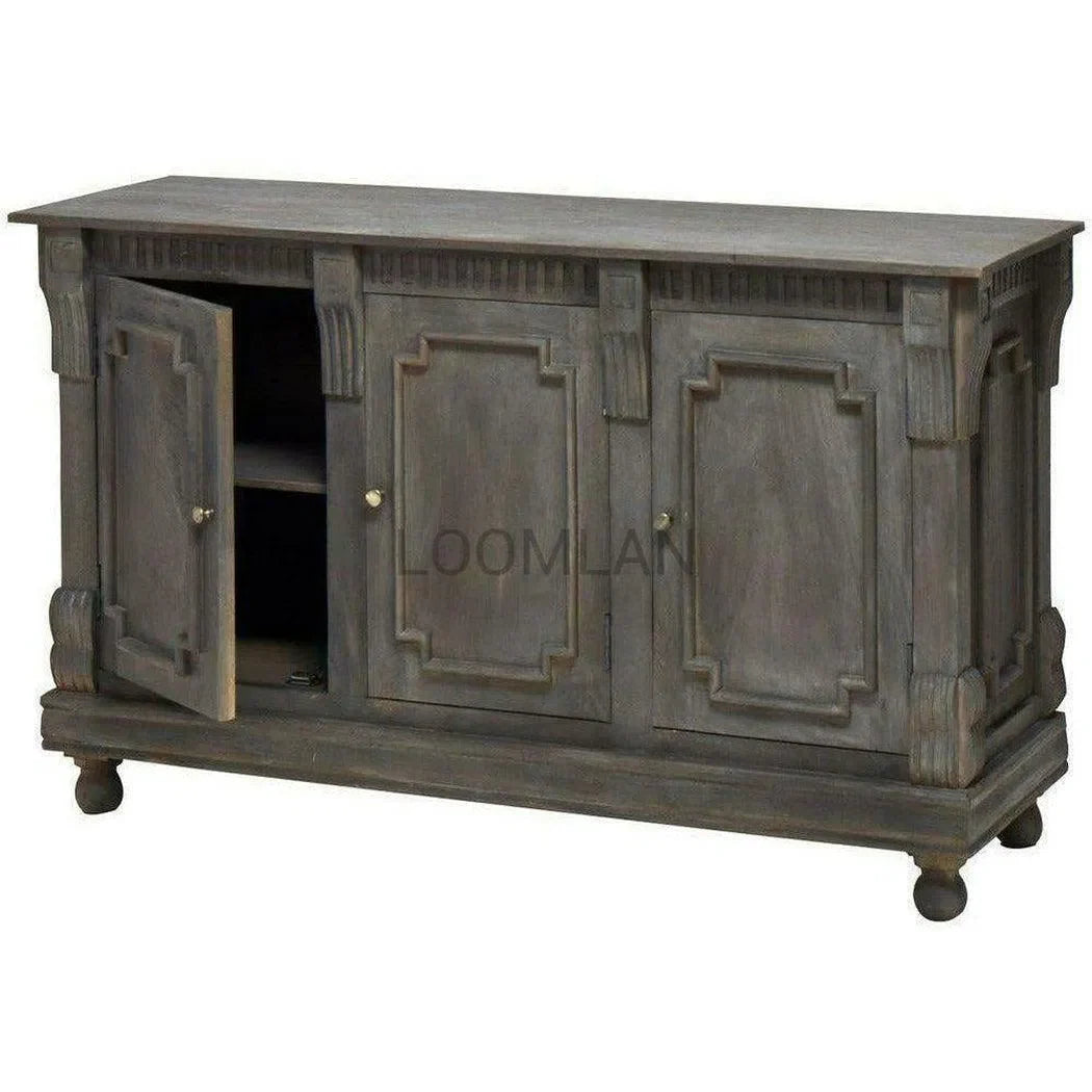 60" Solid Wood Dining Room 3 Door Sideboard Distressed Gray Sideboards LOOMLAN By LOOMLAN