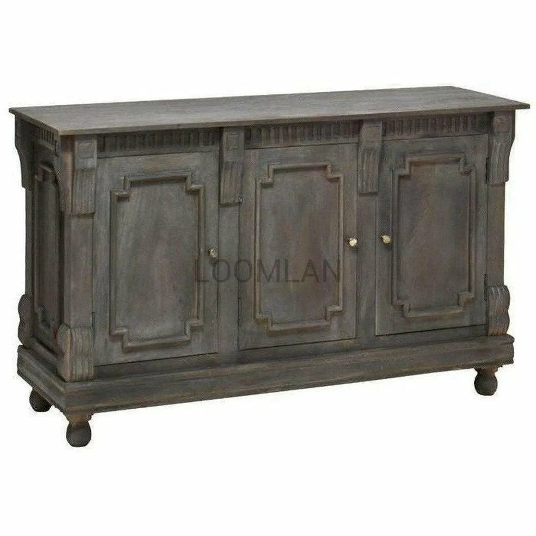 60" Solid Wood Dining Room 3 Door Sideboard Distressed Gray Sideboards LOOMLAN By LOOMLAN