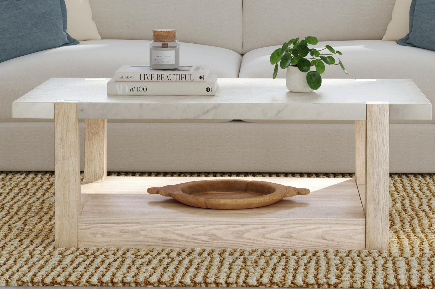 50" White Marble Coffee Table with Storage