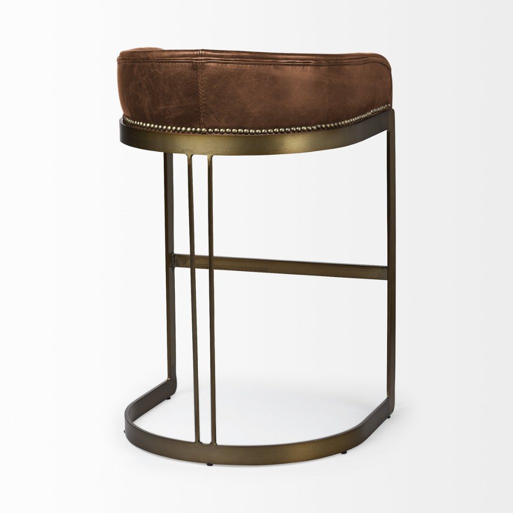 Hollyfield Brown Leather Seat Antiqued Gold Metal Frame Bar -- Brown