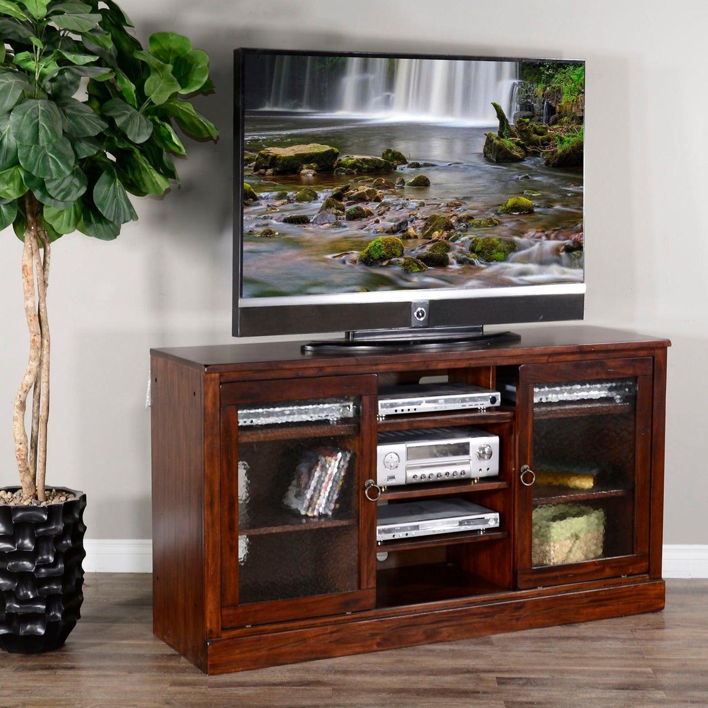 63" Wood TV Stand Media Console Cabinet Glass Sliding Doors TV Stands & Media Centers Sideboards and Things By Sunny D