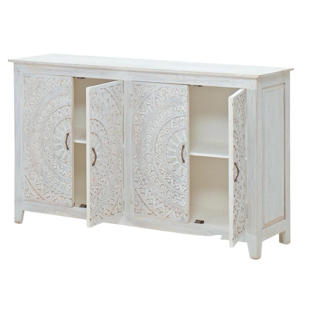 68" White Carved Mandala 4 Door Sideboard Buffet Boho Chic Sideboards LOOMLAN By LOOMLAN