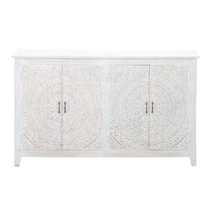 68" White Carved Mandala 4 Door Sideboard Buffet Boho Chic Sideboards LOOMLAN By LOOMLAN