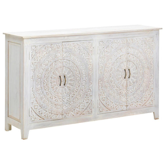 68" White Carved Mandala 4 Door Sideboard Buffet Boho Chic Sideboards LOOMLAN By LOOMLAN