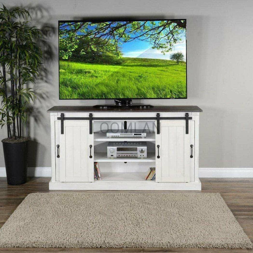 65" White TV Stand Credenza With Sliding Doors White Wash Cabinet TV Stands & Media Centers Sideboards and Things By Sunny D