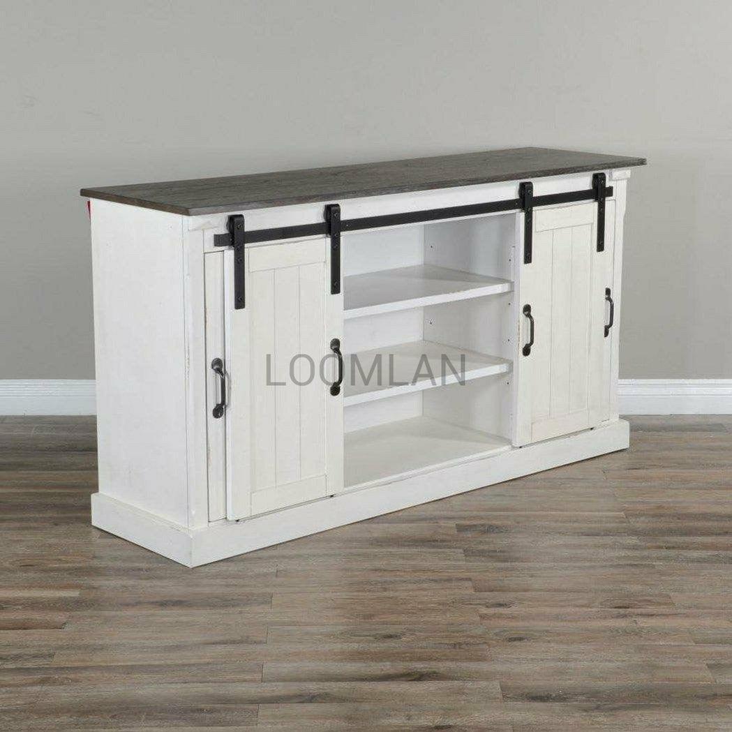 65" White TV Stand Credenza With Sliding Doors White Wash Cabinet TV Stands & Media Centers Sideboards and Things By Sunny D