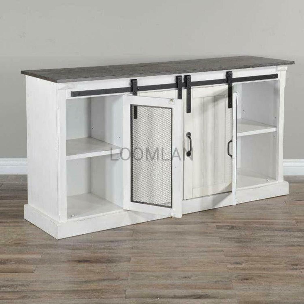 65" White TV Stand Credenza With Sliding Doors White Wash Cabinet TV Stands & Media Centers Sideboards and Things By Sunny D