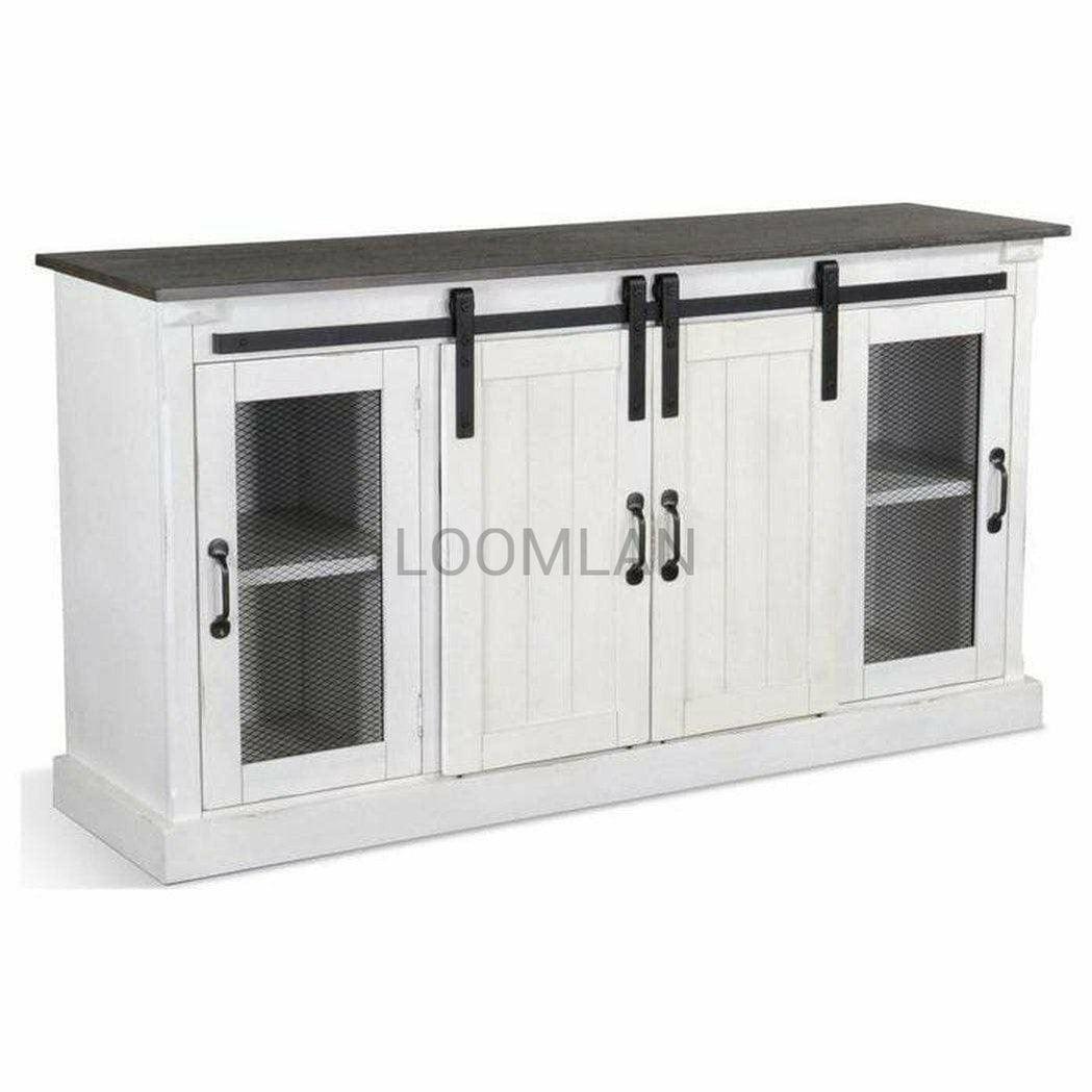 65" White TV Stand Credenza With Sliding Doors White Wash Cabinet TV Stands & Media Centers Sideboards and Things By Sunny D