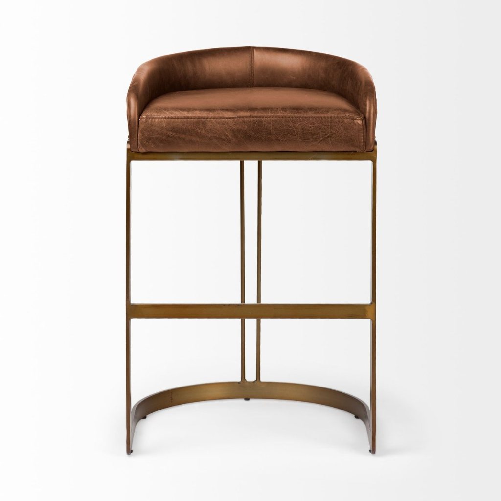 Hollyfield Brown Leather Seat Antiqued Gold Metal Frame Bar -- Brown