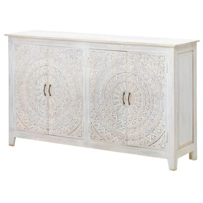 68" White Carved Mandala 4 Door Sideboard Buffet Boho Chic Sideboards LOOMLAN By LOOMLAN