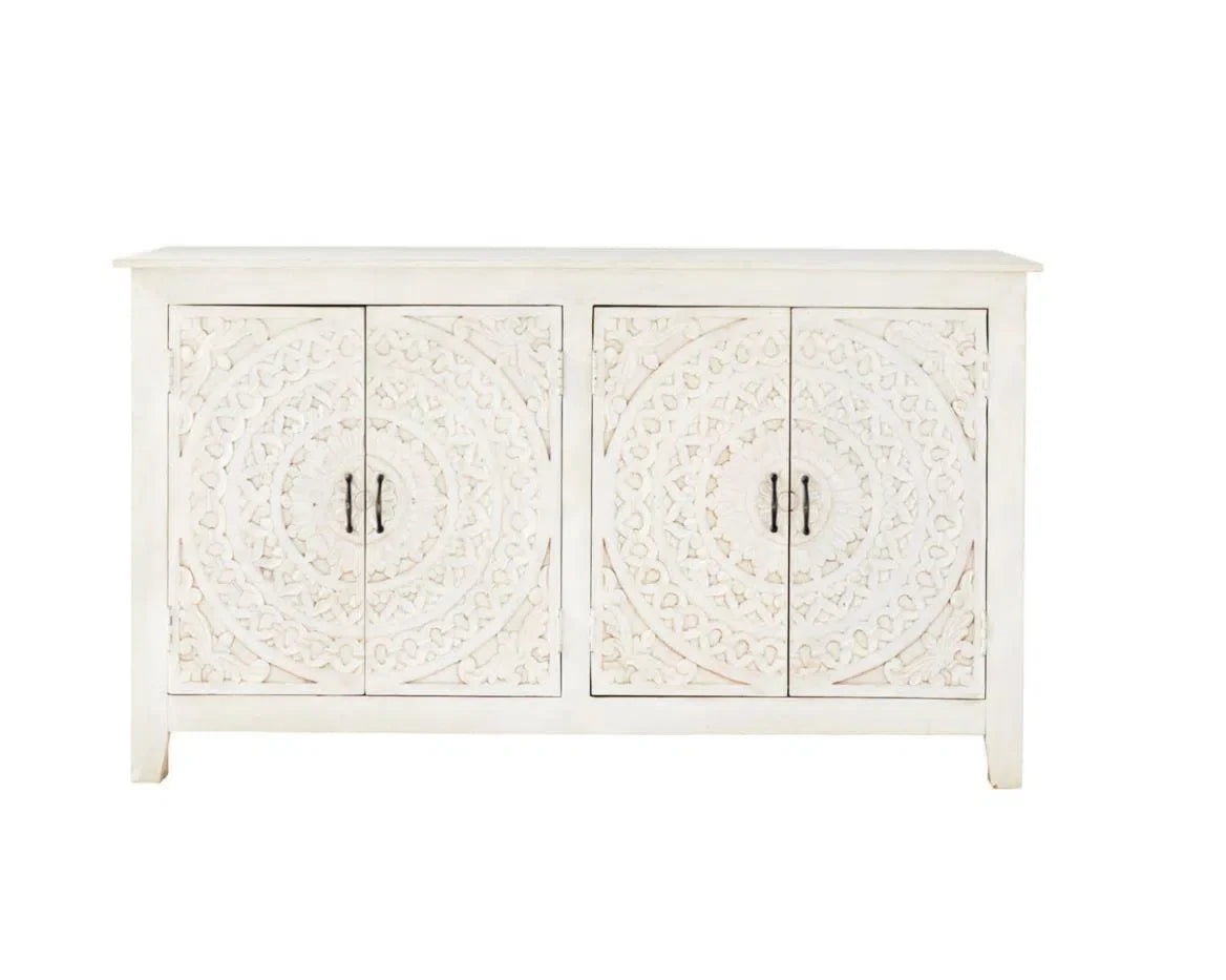 68" White Carved Mandala 4 Door Sideboard Buffet Boho Chic Sideboards LOOMLAN By LOOMLAN