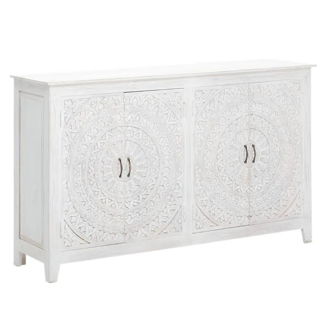 68" White Carved Mandala 4 Door Sideboard Buffet Boho Chic Sideboards LOOMLAN By LOOMLAN