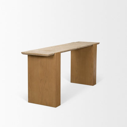 Milos 65" Travertine Top Light Brown Oak Wood Console Table -- Light Brown