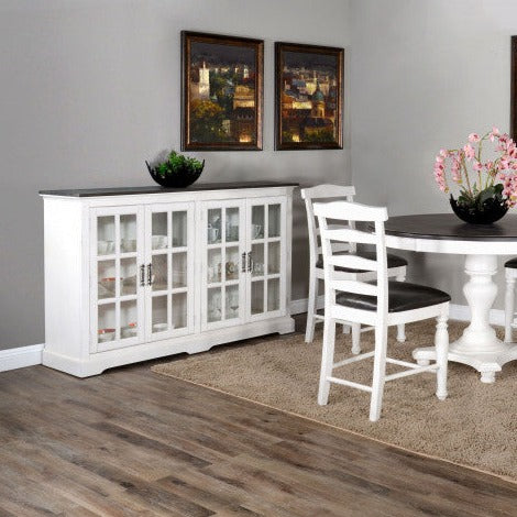 69" White Buffet Server With Windowpane Glass Doors Curio Cabinet-Sideboards-Sunny D-Sideboards and Things