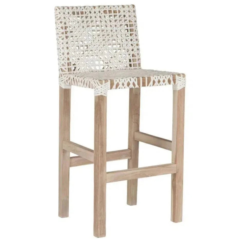 Lulua White Leather Counter Stool Teak Wood