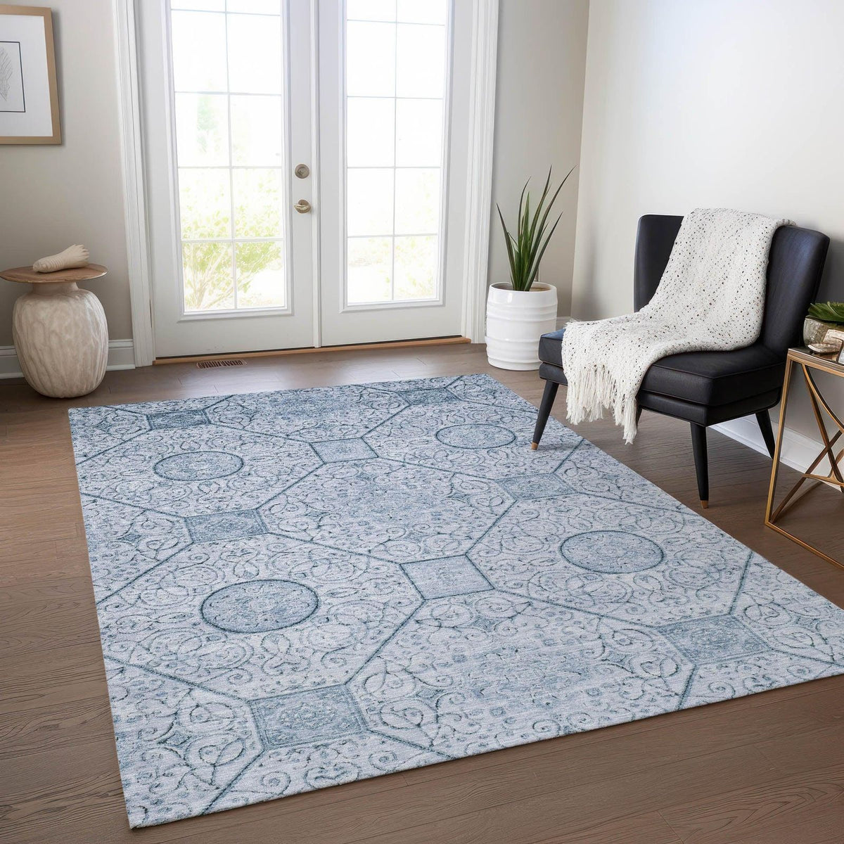Iriora Blue Washable Indoor-Outdoor Rug -- blue