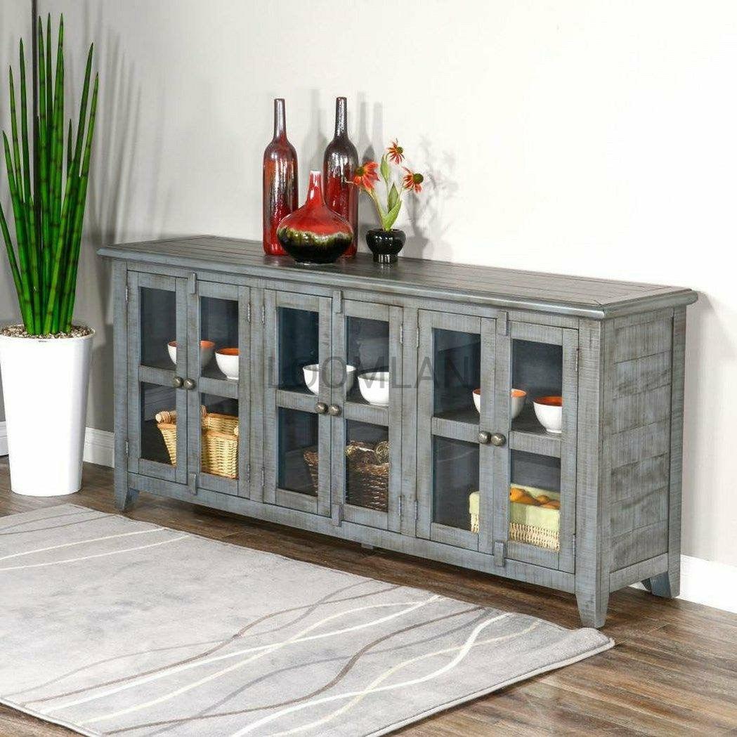 70" Distressed Blue TV Stand With Glass Doors Storage Cabinet TV Stands & Media Centers Sideboards and Things By Sunny D