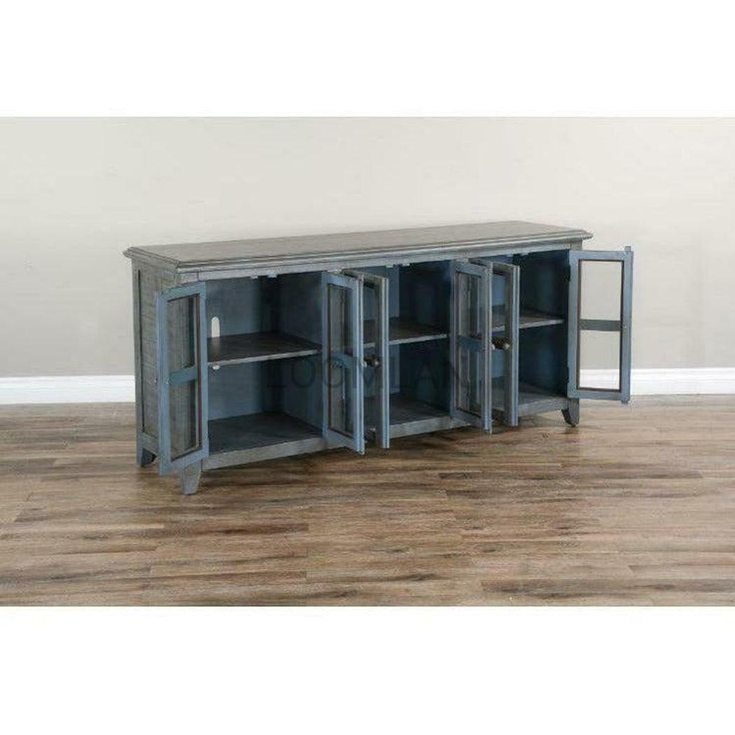 70" Distressed Blue TV Stand With Glass Doors Storage Cabinet TV Stands & Media Centers Sideboards and Things By Sunny D