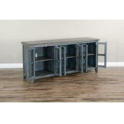 70" Distressed Blue TV Stand With Glass Doors Storage Cabinet TV Stands & Media Centers Sideboards and Things By Sunny D