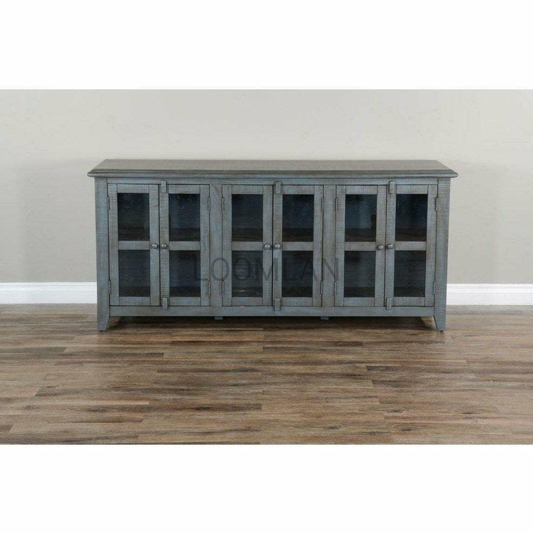 70" Distressed Blue TV Stand With Glass Doors Storage Cabinet TV Stands & Media Centers Sideboards and Things By Sunny D