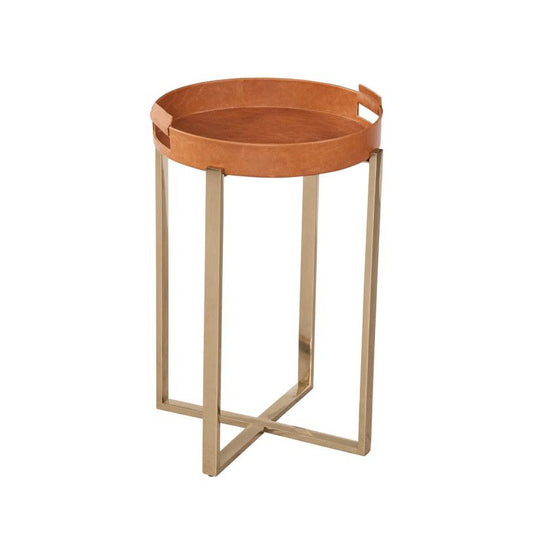 Navarro Iron and Leather Orange Round Accent Table