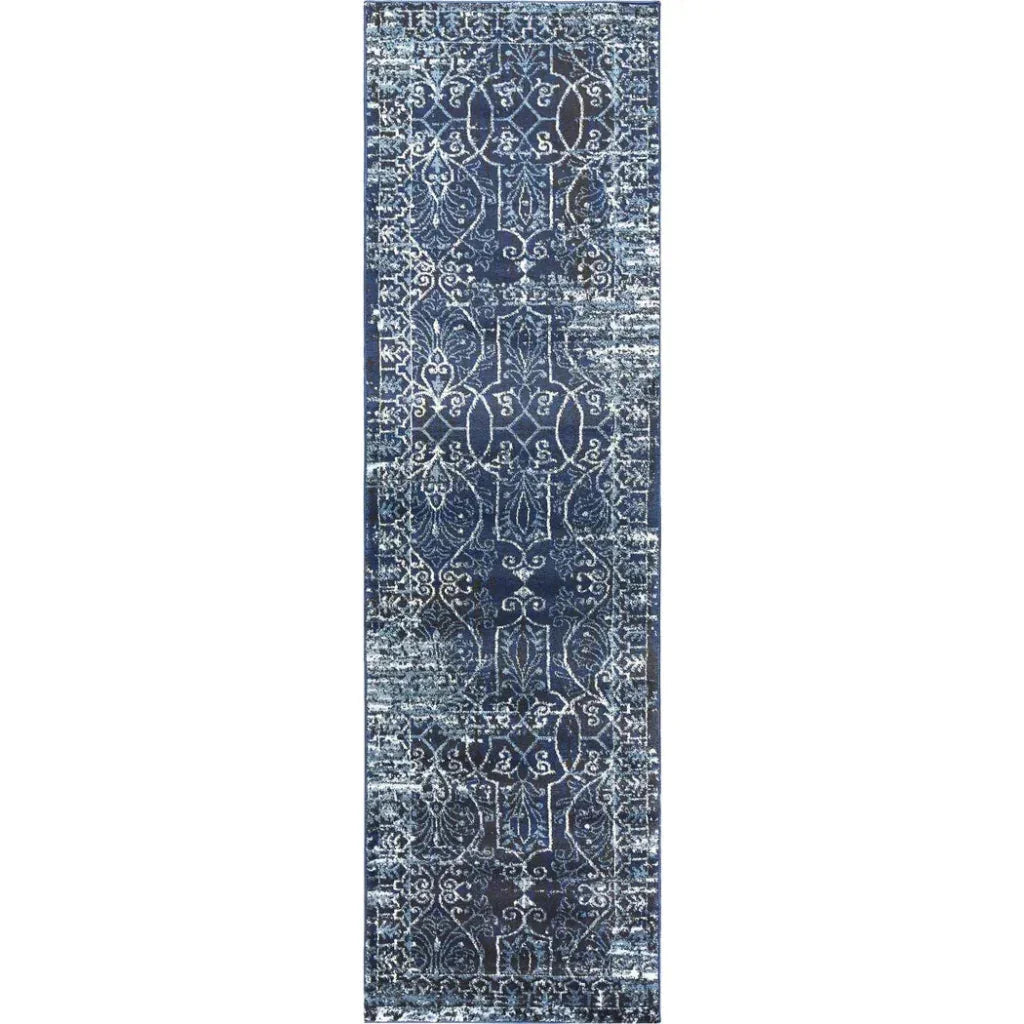 Dors Scroll Work Blue Kitchen Hallway Runner Rug