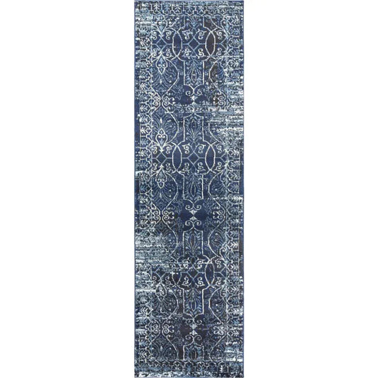 Dors Scroll Work Blue Kitchen Hallway Runner Rug