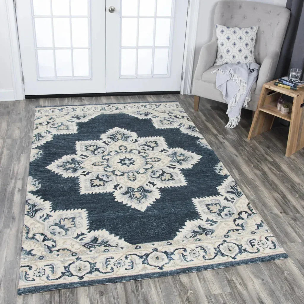 Avit Central Medallion Dark Blue Large Area Rugs -- blue
