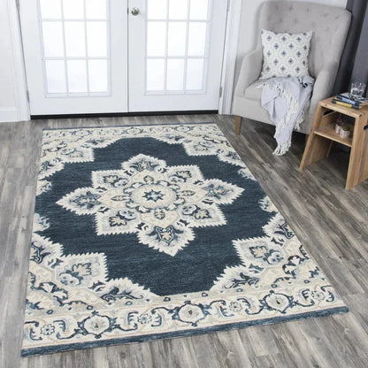 Avit Central Medallion Dark Blue Large Area Rugs -- blue