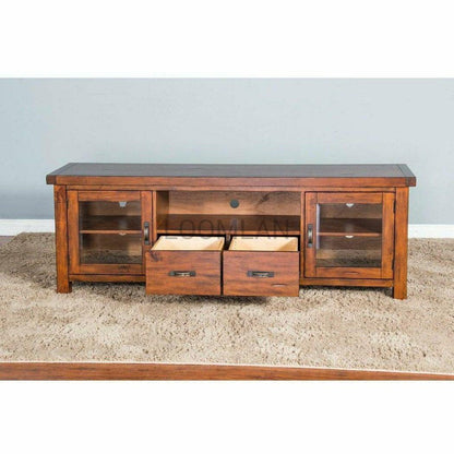 74" Rustic TV Stand Media Console Glass Doors Storage Drawers TV Stands & Media Centers Sideboards and Things By Sunny D