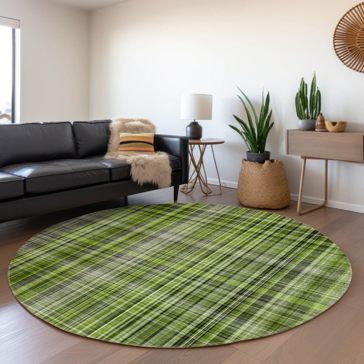 Plaid Green Washable Indoor-Outdoor Rug -- green