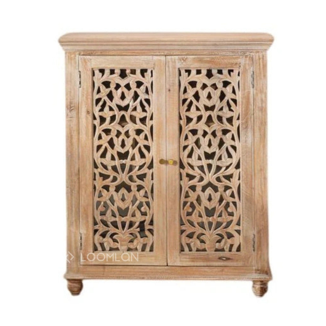 Norella Coastal Tall Bar Cabinet Carved Wood Doors
