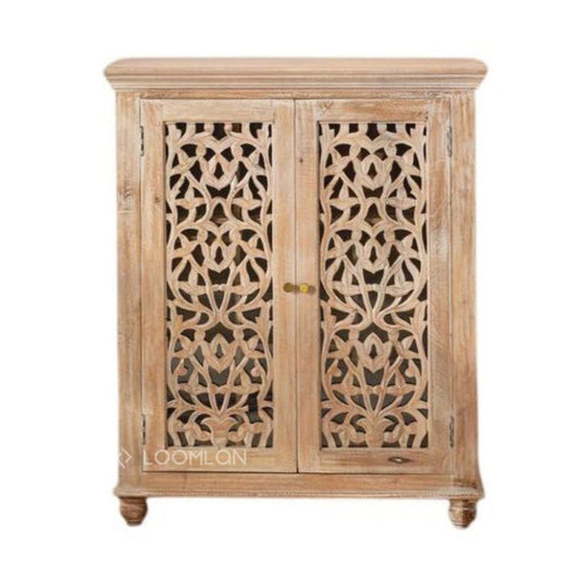 Norella Coastal Tall Bar Cabinet Carved Wood Doors