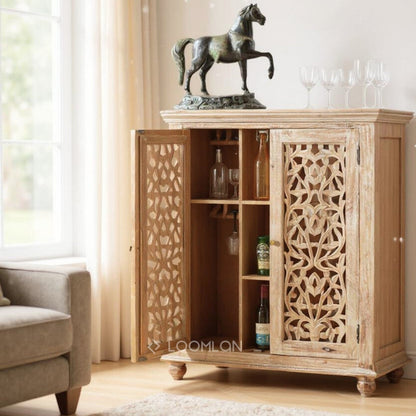 Norella Coastal Tall Bar Cabinet Carved Wood Doors