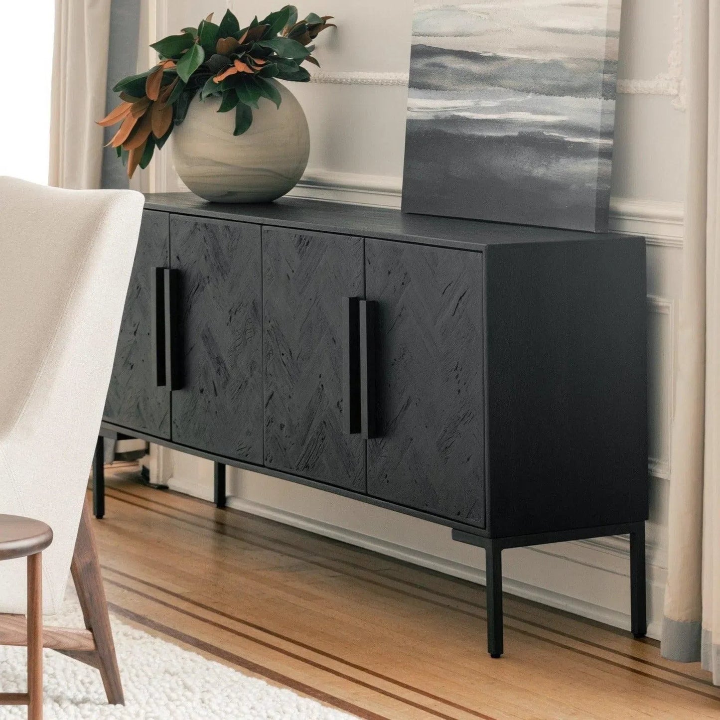 77" Reclaimed Wood Herringbone Pattern Black Fishbone Sideboard Discontinued LOOMLAN By Moe's Home