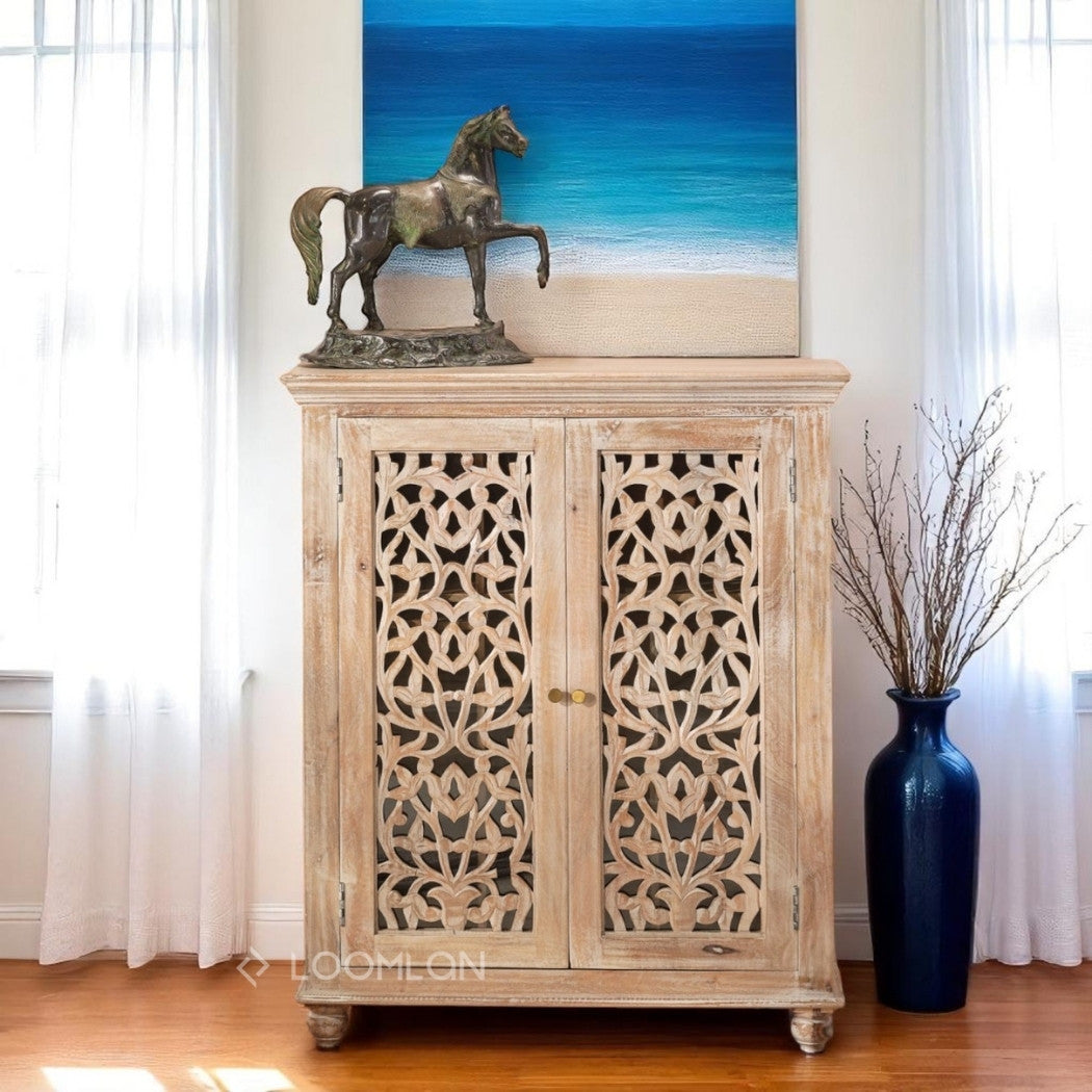 Norella Coastal Tall Bar Cabinet Carved Wood Doors