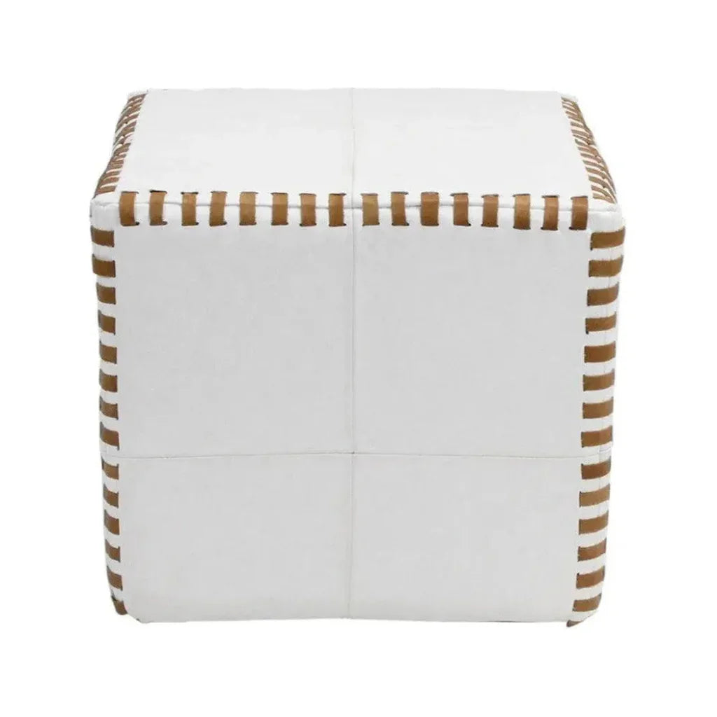 Ottoman Pouf Cube Stitched, White Leather -- view 3
