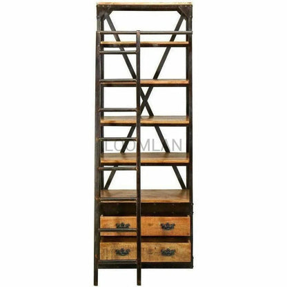 80x32" Industrial Mobile Library Bookcase with Ladder Bookcases LOOMLAN By LOOMLAN