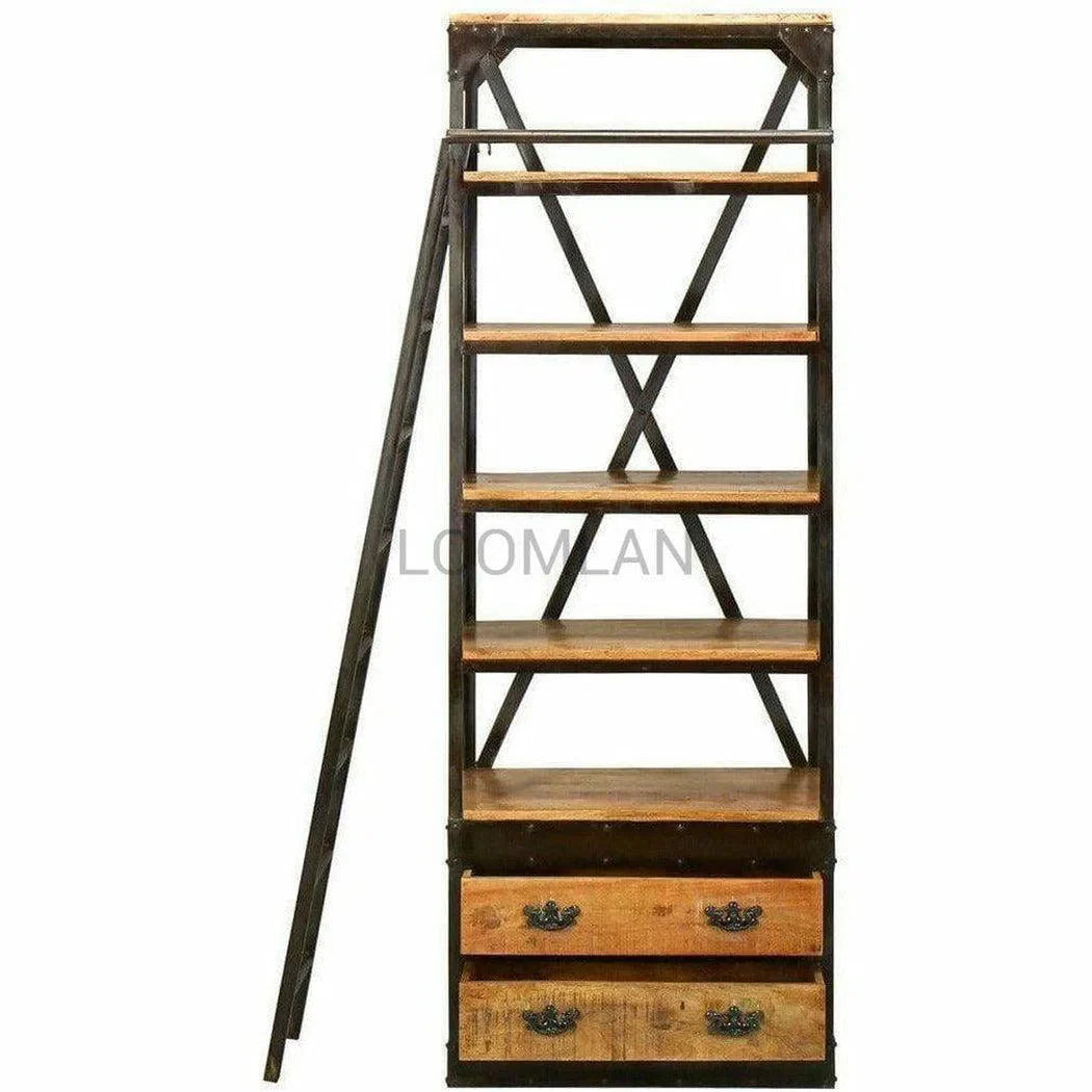 80x32" Industrial Mobile Library Bookcase with Ladder Bookcases LOOMLAN By LOOMLAN