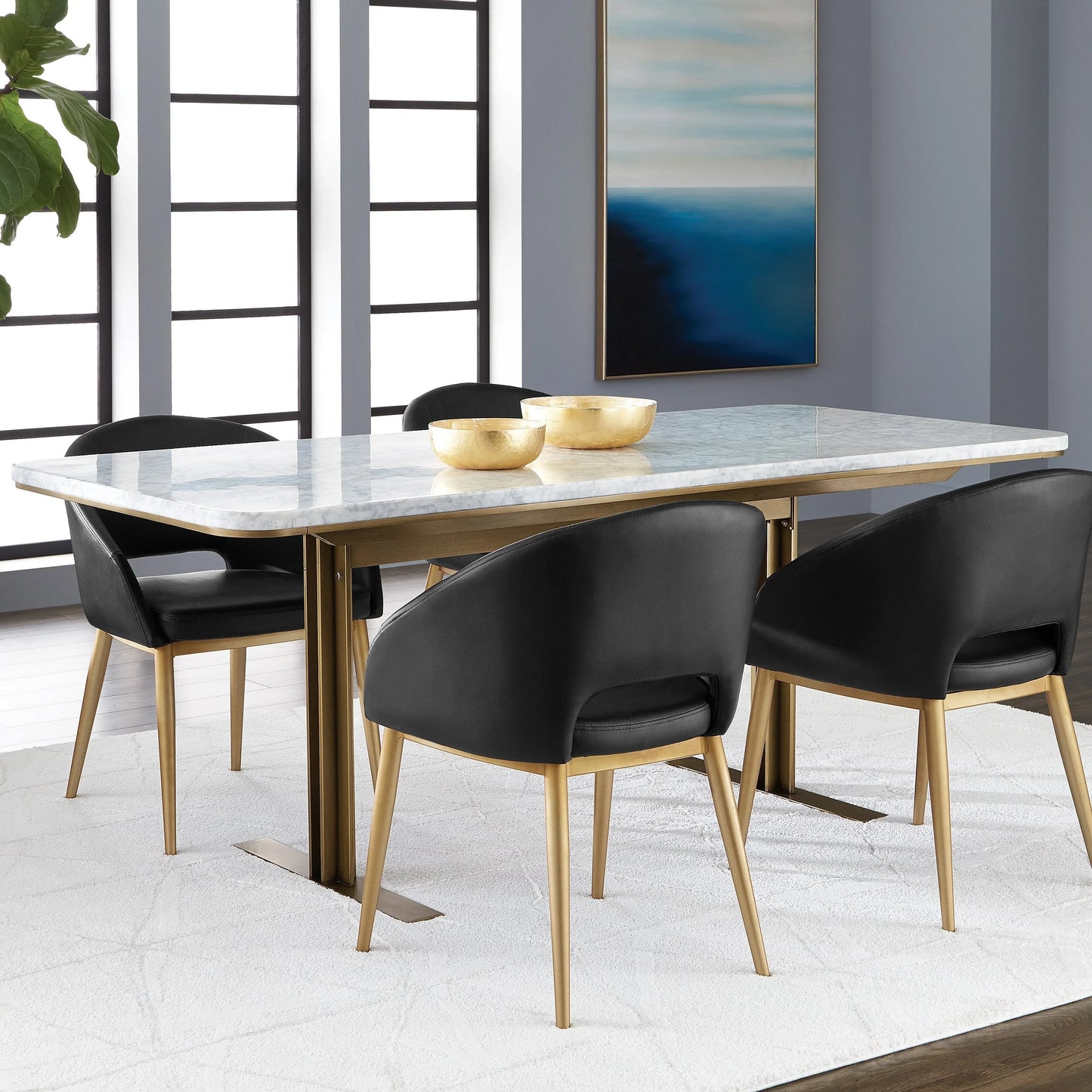 Ambrosia Dining Table Modern Marble Top Antique Brass Base