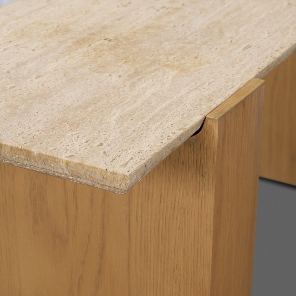 Milos 65" Travertine Top Light Brown Oak Wood Console Table -- Light Brown