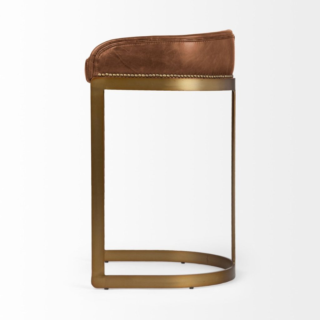Hollyfield Brown Leather Seat Antiqued Gold Metal Frame Bar -- Brown