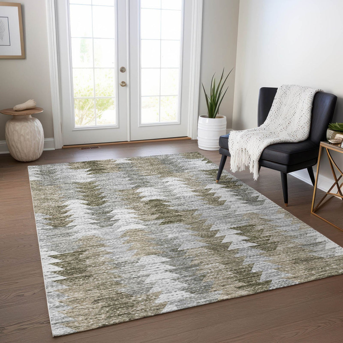 Angled Checks Brown Washable Indoor-Outdoor Rug